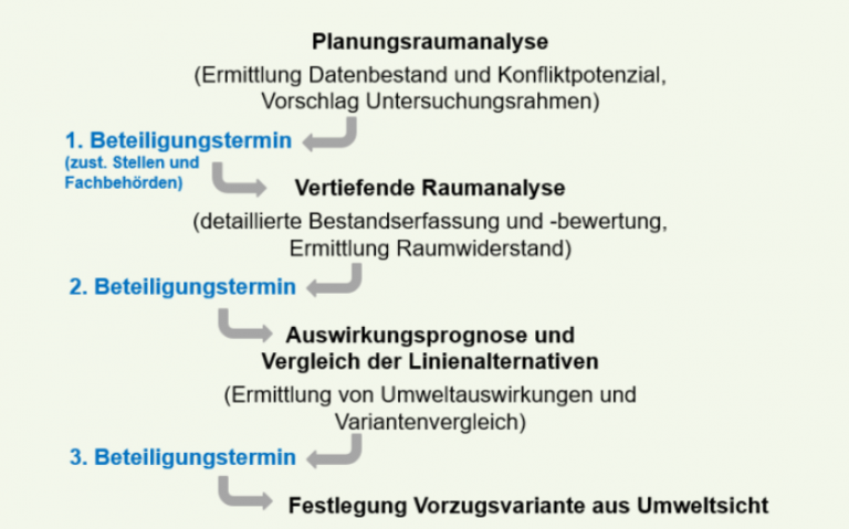 Arbeitsschritte der Umweltverträglichkeitsstudie: 1. Planungsraumanalyse, 2. Vertiefende Raumanalyse, 3. Auswirkungsprognose und Vergleich der Linienalternativen, 4. Festlegung Vorzugsvariante aus Umweltsicht
