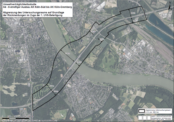 Karte aus der Umweltverträglichkeitsstudie, die die Abgrenzung des Untersuchungsraums auf Grundlage der Rückmeldungen im Zuge der 1. UVS-Beteiligung zeigt